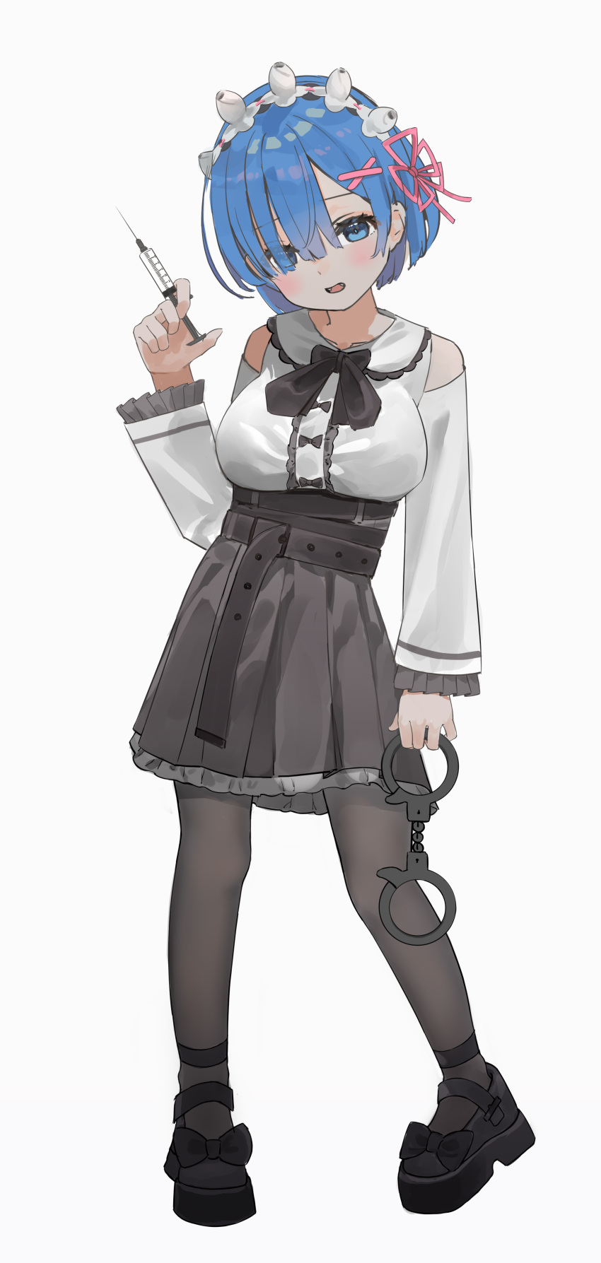 1girl :d absurdres akatsuki_(m12778387) alternate_costume arm_at_side belt black_belt black_bow black_bowtie black_footwear black_skirt blue_eyes blue_hair bow bowtie breasts cuffs full_body hair_ornament hair_ribbon hand_up handcuffs highres holding holding_handcuffs holding_syringe large_breasts long_sleeves maid_headdress pink_ribbon pleated_skirt re:zero_kara_hajimeru_isekai_seikatsu rem_(re:zero) ribbon shiny_clothes shoes short_hair simple_background skirt smile solo standing syringe white_background x_hair_ornament