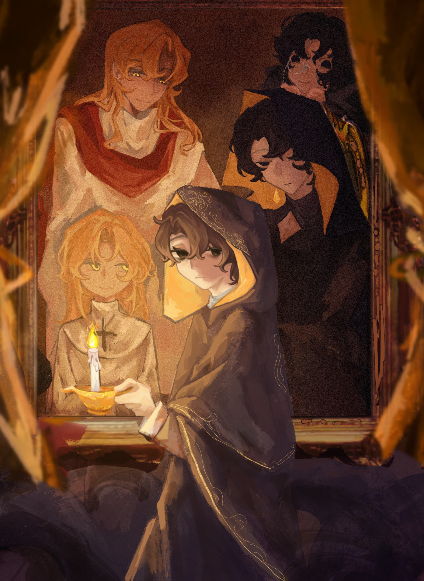 5boys adam_(lord_of_the_mysteries) amon_(lord_of_the_mysteries) ancient_sun_god baimuyuesheng black_cloak black_eyes black_hair blonde_hair brown_eyes candle candlelight chinese_commentary cloak commentary_request cross curtains earrings empty_eyes highres holding holding_candle hood hooded_cloak indoors jewelry klein_moretti long_hair looking_at_another looking_at_viewer lord_of_the_mysteries monocle multiple_boys painting_(object) partially_shaded_face red_scarf robe scarf shaded_face short_hair the_celestial_worthy_of_heaven_and_earth white_robe yellow_eyes