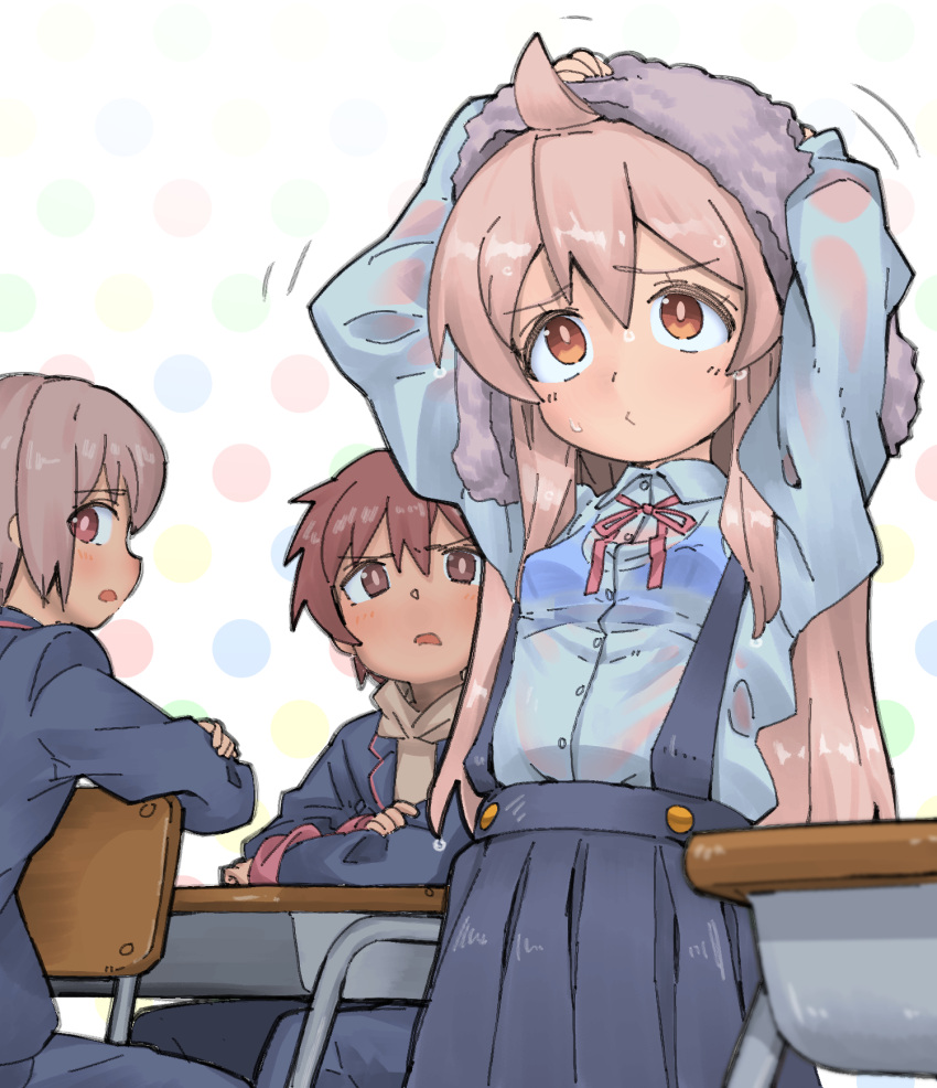 1girl 2boys blush bra bra_visible_through_clothes brown_eyes brown_hair chair desk highres long_hair long_sleeves looking_at_another looking_up multiple_boys neck_ribbon onii-chan_wa_oshimai! orange_eyes oyama_mahiro pink_hair ribbon sakurada_yuuta school_desk school_uniform see-through senkawa_minato shiriananmin shirt short_hair sitting skirt standing suspender_skirt suspenders towel underwear wet wet_clothes wet_shirt