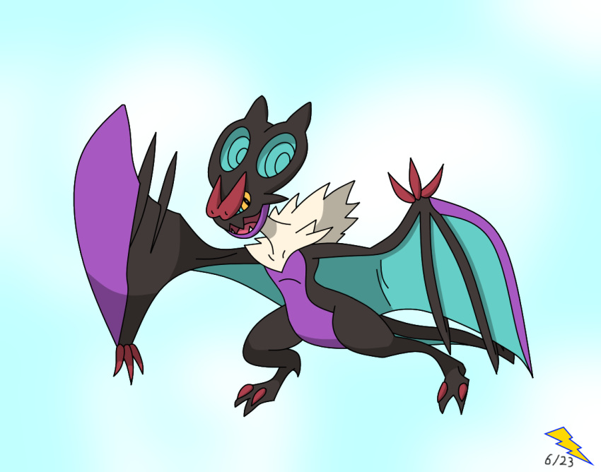 ambiguous_gender bat biped dragon electro_the_dragon featureless_crotch feral generation_6_pokemon gesture mammal membrane_(anatomy) membranous_wings nintendo noivern open_mouth pokemon pokemon_(species) purple_body signature simple_background solo waving wings wyvern yellow_eyes