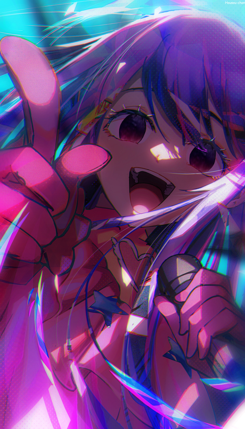 1girl absurdres commentary dress empty_eyes english_commentary frilled_dress frilled_gloves frills gloves heart highres holding holding_microphone hoshino_ai_(oshi_no_ko) housou-chan idol idol_clothes long_hair microphone multicolored_eyes open_mouth oshi_no_ko pink_dress pink_gloves pointing purple_eyes purple_hair sidelocks smile solo spoilers star_(symbol) symbol-shaped_pupils teeth turtleneck_dress upper_body variant_set