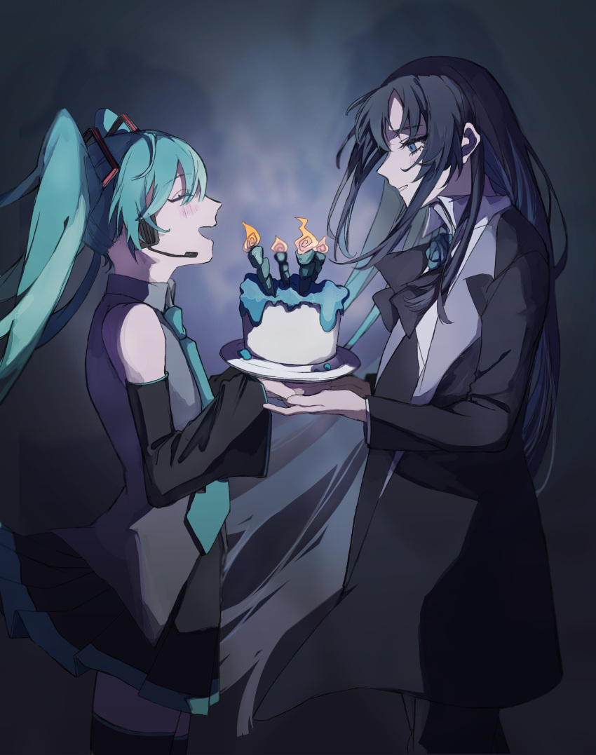 2girls absurdres ado_(utaite) aqua_hair aqua_necktie birthday_cake black_bow black_bowtie black_hair black_jacket black_skirt black_thighhighs blue_eyes blue_flower blue_hair blue_rose blush bow bowtie cake closed_eyes cloud_nine_inc collared_shirt colored_inner_hair commentary_request detached_sleeves earpiece floating_hair flower food grey_shirt hatsune_miku highres jacket long_hair long_sleeves looking_at_another multicolored_hair multiple_girls necktie open_mouth orihara_(ewkkyorhr) parted_lips pleated_skirt rose shadow shirt sidelocks skirt thighhighs twintails two-tone_hair utaite very_long_hair vocaloid white_shirt wide_sleeves zettai_ryouiki