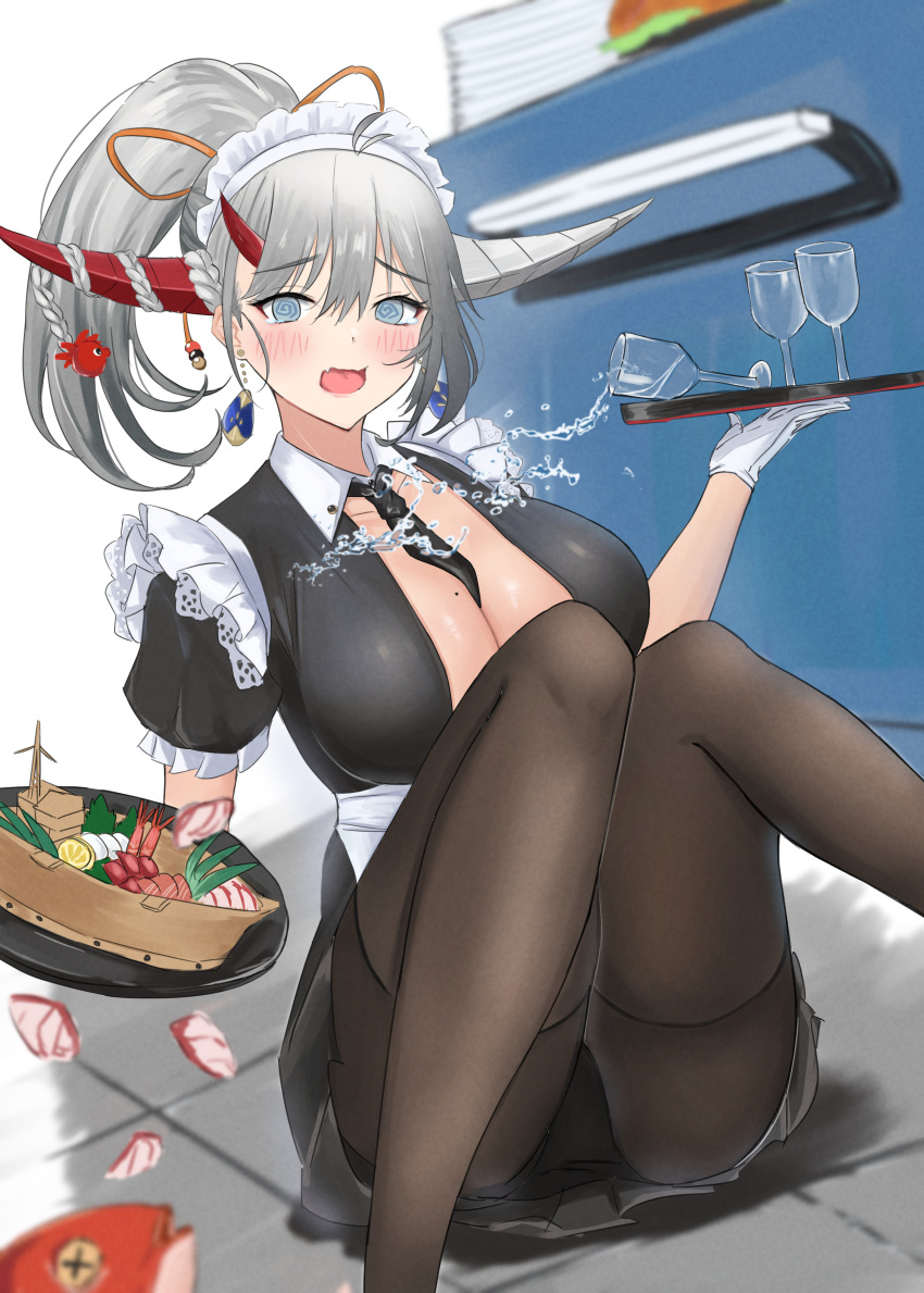 1girl :o @_@ absurdres accident alternate_costume alternate_hair_length alternate_hairstyle apron azur_lane black_dress black_necktie blue_eyes blush breasts collared_dress commentary_request cup dragon_girl dragon_horns dress drinking_glass earrings embarrassed enmaided fallen_down fang feet_out_of_frame frilled_sleeves frills gloves hair_between_eyes hakuryuu_(azur_lane) hakuryuu_(slice_dice_and_serve)_(azur_lane) hand_up highres horn_ornament horns indoors jewelry knees_together_feet_apart large_breasts legs long_hair looking_at_viewer maid maid_headdress mole mole_on_breast necktie on_floor panties panties_under_pantyhose pantyhose ponytail short_sleeves sitting solo soul_(dp11) spilling splashing surprised underwear upskirt waist_apron white_apron white_gloves white_hair