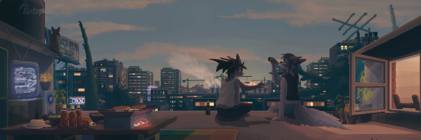 animated anthro beverage bottle building canid canine city container digital_media_(artwork) drinking duo elseirius feral food fox grill hi_res landscape male male/male mammal marble_fox meat outside oxxo pixel_(artwork) red_fox rooftop seirsinclair sitting sitting_on_ledge static sunset television urban