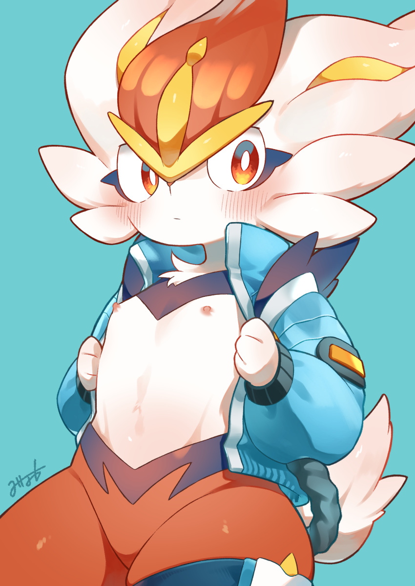 ambiguous_gender anthro blue_background blush cinderace clothed clothing colored digital_media_(artwork) fur generation_8_pokemon glistening glistening_body hi_res holowear_(pokemon) jacket lagomorph leporid mammal minamo_(pixiv17726065) mouth_closed nintendo nipples open_clothing open_jacket open_topwear pokemon pokemon_(species) pokemon_unite red_body red_eyes red_fur signature simple_background skindentation solo space_style_cinderace thick_thighs topwear white_body white_fur yellow_body yellow_fur