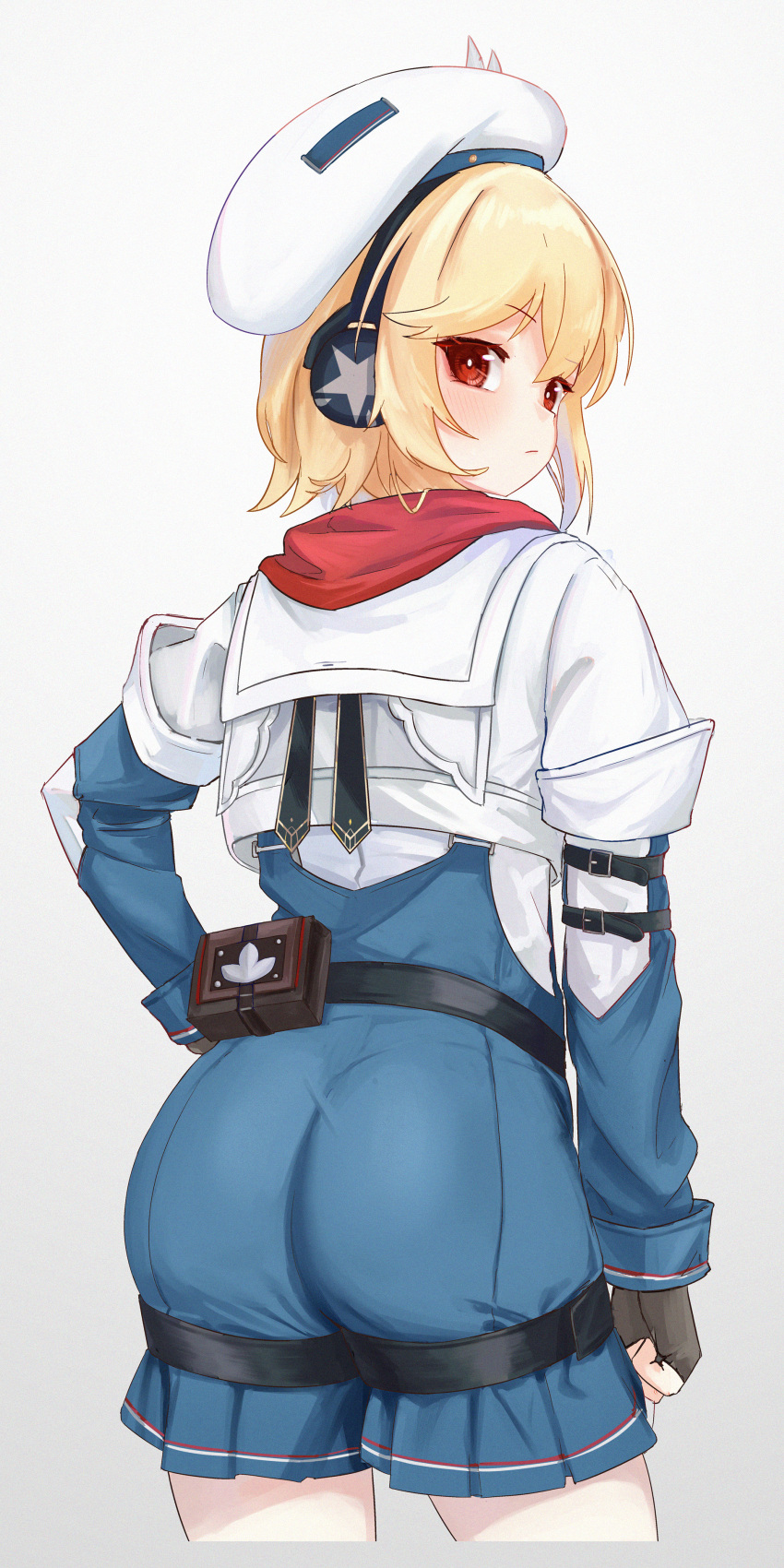 1girl absurdres ass ass_focus belt belt_pouch beret black_gloves black_neckerchief blonde_hair blue_jumpsuit closed_mouth english_commentary fingerless_gloves from_behind girls'_frontline girls'_frontline_2:_exilium gloves grey_background hand_on_own_hip hat headphones highres jumpsuit light_leave looking_at_viewer looking_back medium_hair nagant_revolver_(girls'_frontline) neckerchief petite pouch red_eyes red_scarf scarf shirt short_jumpsuit simple_background solo thigh_strap two-tone_jumpsuit upper_body white_headwear white_shirt