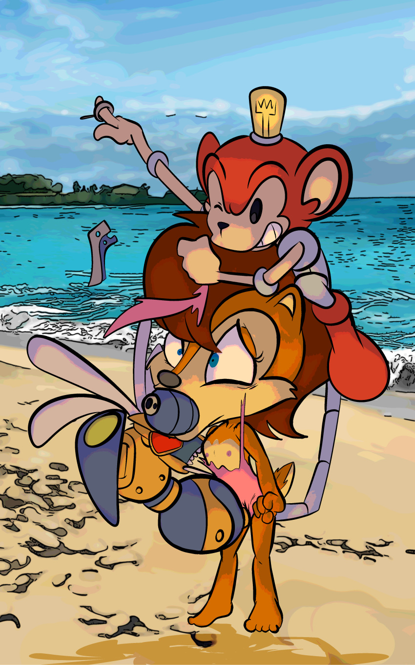 absurd_res anthro archie_comics chipmunk clothing damsel_in_distress day female forced ground_squirrel group hi_res mammal nipples peril r4c00n rape rodent sally_acorn sciurid sega sonic_the_hedgehog_(archie) sonic_the_hedgehog_(comics) sonic_the_hedgehog_(series) swimwear torn_clothing trio