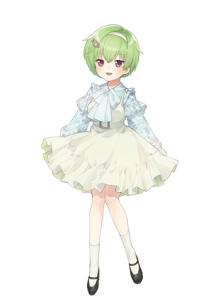1girl :d absurdres alternate_costume aqua_bow arms_at_sides black_footwear blue_shirt blush bow casual crocodile_hair_ornament dress frilled_dress frills full_body green_hair hair_between_eyes hairband happy highres juliet_sleeves kneehighs long_sleeves looking_at_viewer mary_janes may_salamanya nomura_miki open_mouth pink_hair puffy_sleeves shirt shoes short_hair simple_background sleeveless sleeveless_dress smile socks solo standing summer_pockets white_background white_dress white_hairband white_socks