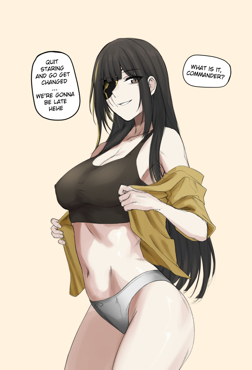 1girl black_hair black_tank_top blonde_hair breasts brown_eyes cleavage english_commentary english_text eyepatch girls'_frontline highres long_hair looking_at_viewer m16a1_(girls'_frontline) matsu_arts mole mole_under_eye multicolored_hair panties scar scar_across_eye scar_on_face shirt smile streaked_hair tank_top underwear undressing yellow_background yellow_shirt