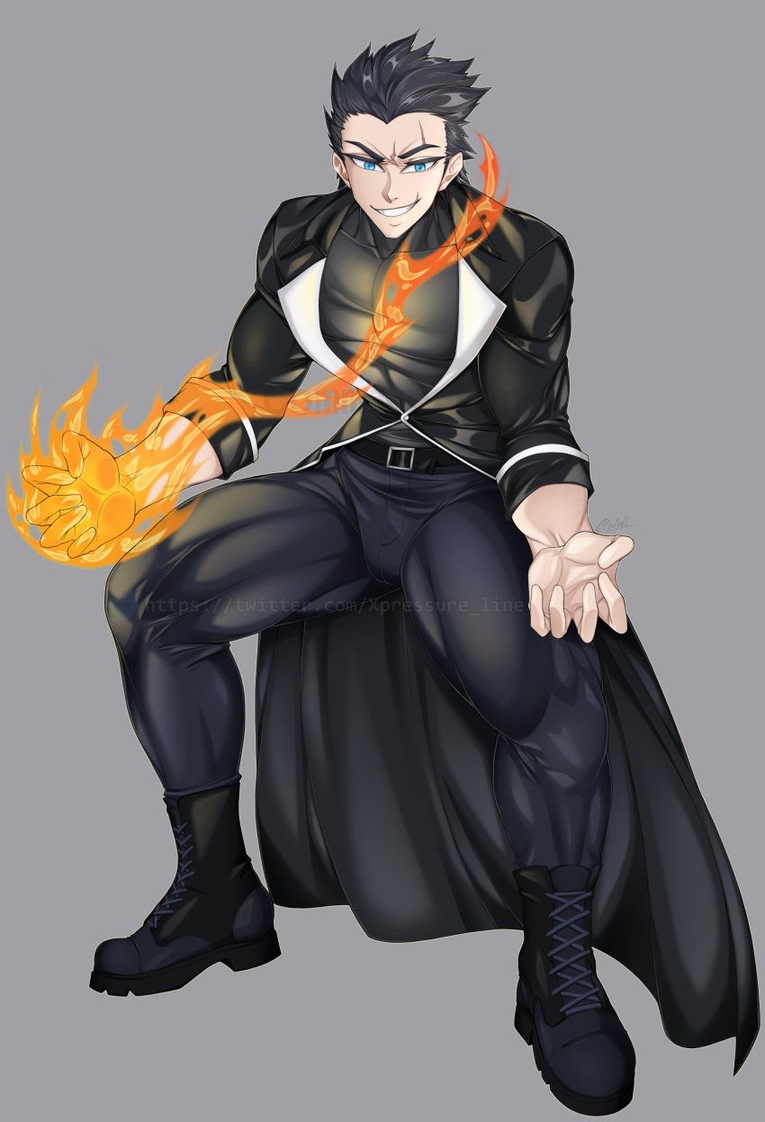 absurdres adjusting_clothes black_hair black_jacket black_pants blue_eyes boots colored_skin drawing emma_pressure fire highres jacket muscular muscular_male original pants white_skin