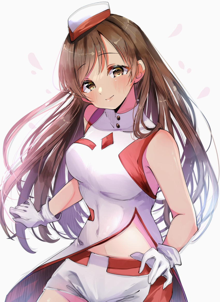 1girl bare_shoulders blush breasts brown_eyes brown_hair closed_mouth gloves highres idolmaster idolmaster_cinderella_girls idolmaster_cinderella_girls_starlight_stage long_hair looking_at_viewer medium_breasts nitta_minami shorts side_slit simple_background smile solo voy@ger_(idolmaster) white_background white_gloves white_shorts yuanagae