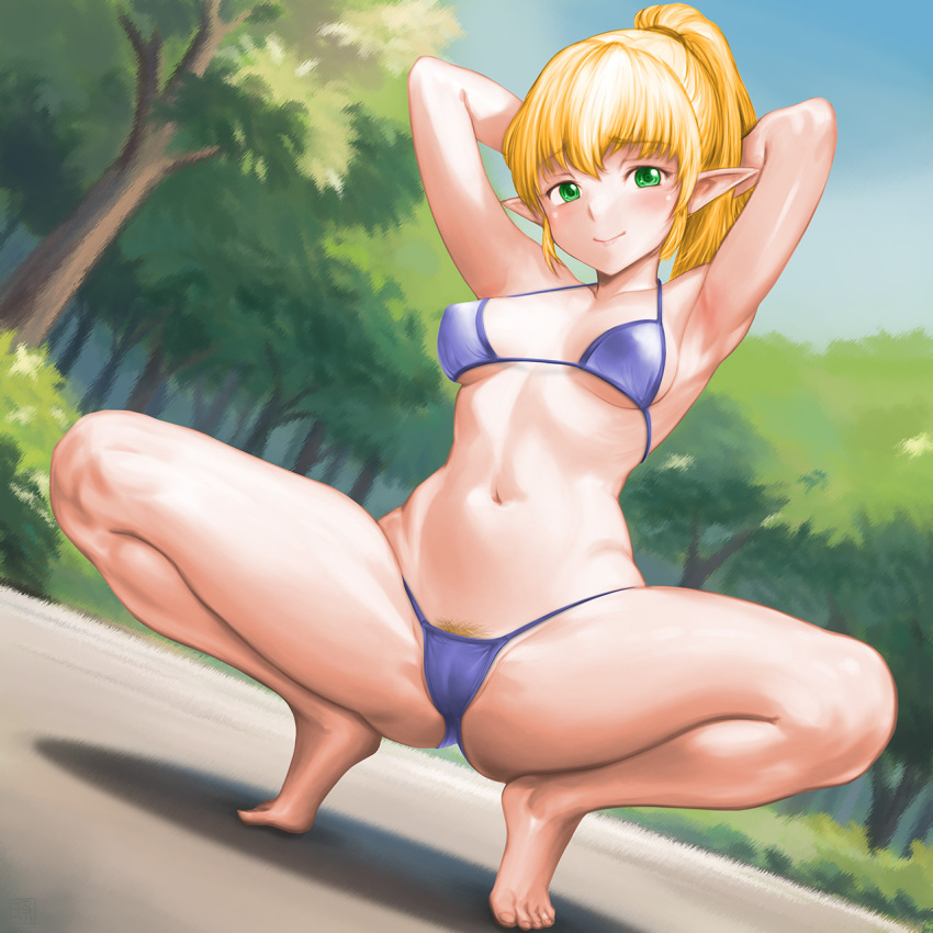 1girl armpits arms_behind_head arms_up bare_legs bare_shoulders barefoot blonde_hair blonde_pubic_hair blue_sky breasts cameltoe cleavage closed_mouth day elf full_body furrowed_brow green_eyes highres looking_at_viewer medium_breasts midriff minamoto80486 navel original outdoors pointy_ears ponytail presenting_armpit pubic_hair pubic_hair_peek shadow short_hair sky smile solo spread_legs squatting thighs tiptoes toenails tree underboob