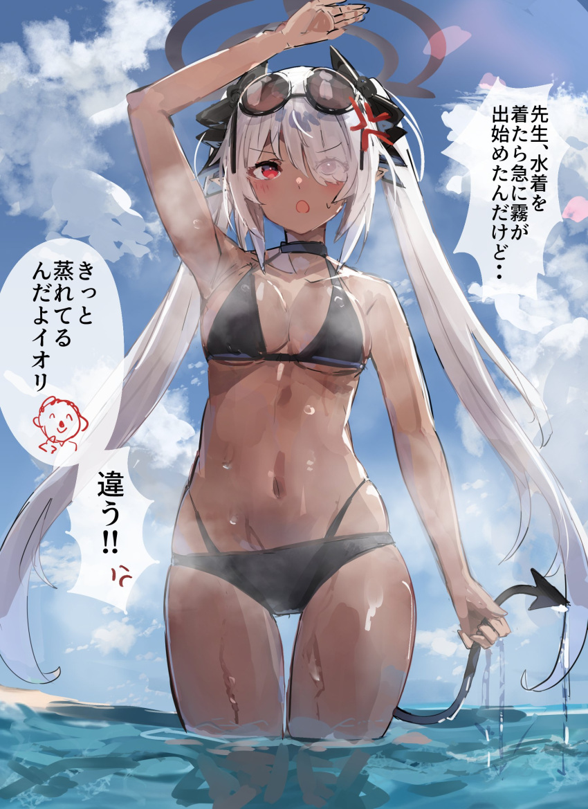 1girl absurdres anger_vein arona's_sensei_doodle_(blue_archive) bare_arms bare_legs bare_shoulders bikini black_bikini black_tail blue_archive blush breasts dark-skinned_female dark_skin day demon_tail eyewear_on_head grey_hair grey_halo hair_over_one_eye halo highres iori_(blue_archive) iori_(swimsuit)_(blue_archive) long_hair ocean official_alternate_costume open_mouth outdoors pointy_ears red_eyes sensei_(blue_archive) sky small_breasts solo_focus speech_bubble sunglasses swimsuit tail the_olphy translation_request twintails water
