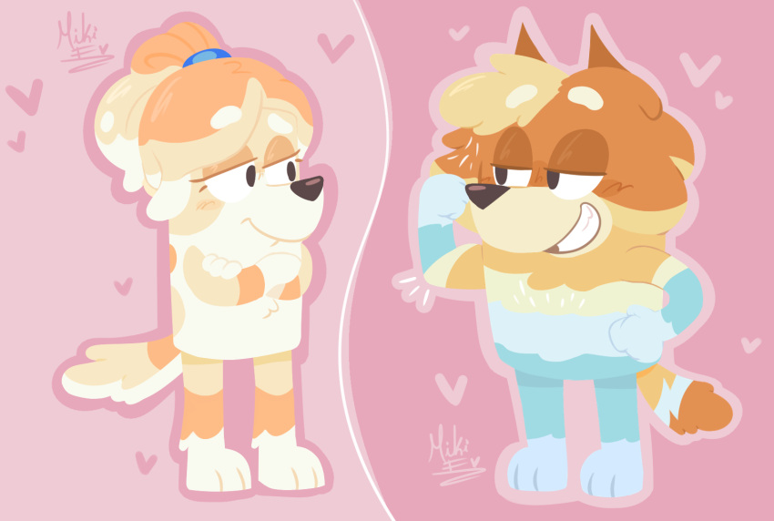 &lt;3 anthro bluey_(series) canid canine crossed_arms duo eyebrows female frisky_(bluey) full-length_portrait hi_res lineless male male/female mammal mikifluffs no_lineart pink_background portrait radley_heeler raised_eyebrow simple_background