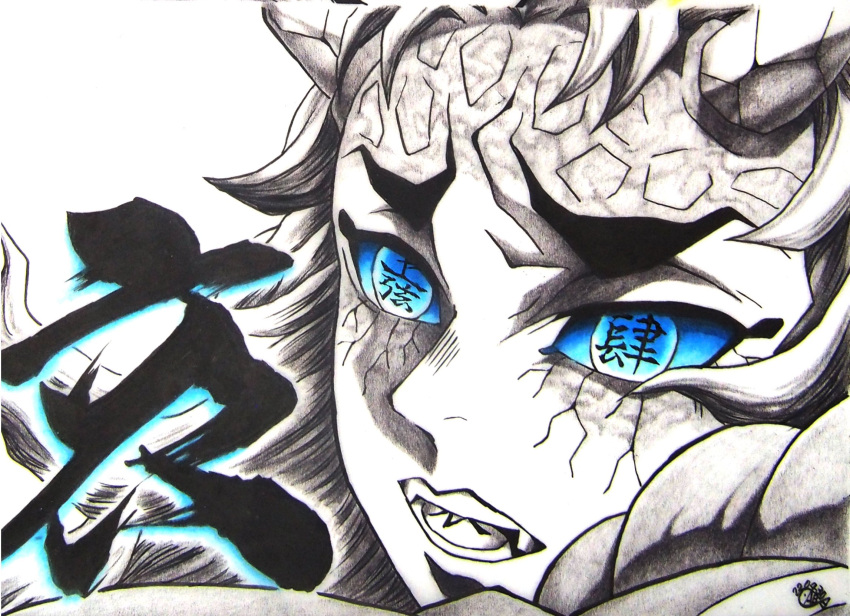 1boy blue_eyes blue_sclera blue_theme body_writing colored_sclera cracked_skin demon_boy demon_horns furrowed_brow highres hitomisaba horns kimetsu_no_yaiba male_focus monochrome open_mouth portrait sad simple_background solo spot_color text_in_eyes tongue traditional_media urogi_(kimetsu_no_yaiba)