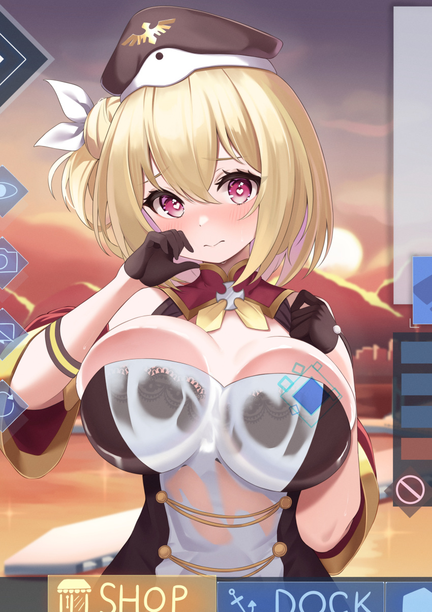 1girl 3: absurdres against_fourth_wall azur_lane bare_shoulders black_bra black_gloves black_headwear blonde_hair blush bra breast_press breasts cleavage closed_mouth commentary_request commission cross detached_sleeves dress elegant_(sumisumi4268) fake_screenshot fourth_wall gloves hair_between_eyes hair_bun hair_ribbon half_gloves hands_up hat heart heart-shaped_pupils highres iron_cross large_breasts leipzig_(azur_lane) looking_at_viewer retrofit_(azur_lane) ribbon see-through short_hair sidelocks single_hair_bun single_side_bun skeb_commission sleeveless sleeveless_dress solo standing sunset sweat symbol-shaped_pupils two-tone_dress underwear upper_body user_interface wet wet_clothes wet_dress white_dress white_ribbon
