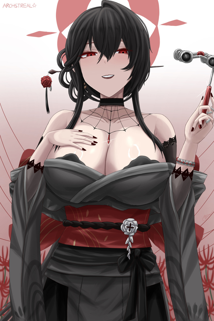 1girl archstreal bare_shoulders black_kimono black_nails blue_archive blush breasts gradient_background hair_ornament halo hand_on_own_chest highres holding japanese_clothes kimono kokuriko_(blue_archive) large_breasts long_hair long_sleeves looking_at_viewer nail_polish off_shoulder parted_lips red_background red_eyes red_halo sash smile solo