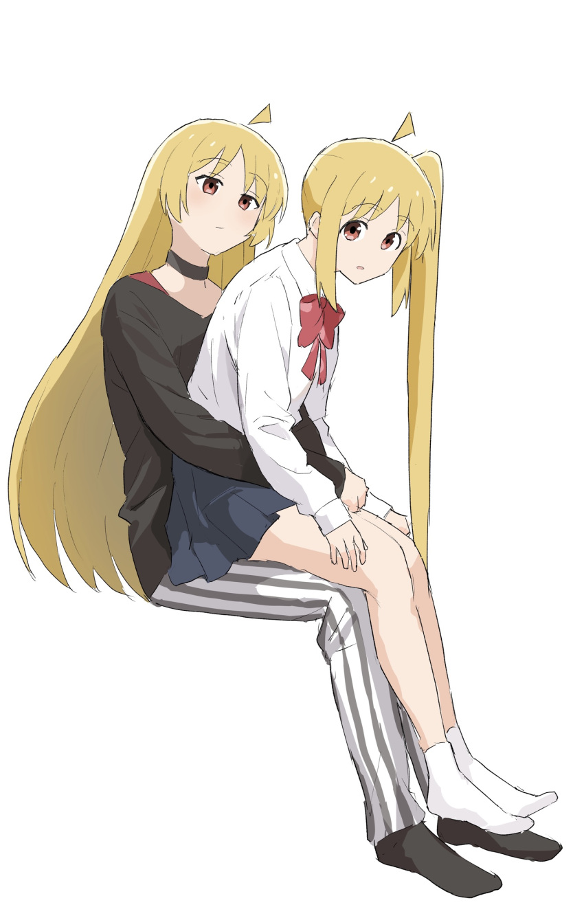 2girls ahoge black_choker black_shirt black_skirt black_socks blonde_hair blush bocchi_the_rock! bow choker closed_mouth commentary from_side frown full_body highres hug hug_from_behind ijichi_nijika ijichi_seika long_hair looking_at_viewer miniskirt multiple_girls no_shoes ookiiayu open_mouth pants parted_bangs pleated_skirt red_bow red_eyes school_uniform shirt siblings side_ponytail sidelocks simple_background sisters sitting sitting_on_lap sitting_on_person skirt socks striped striped_pants very_long_hair white_background white_shirt white_socks