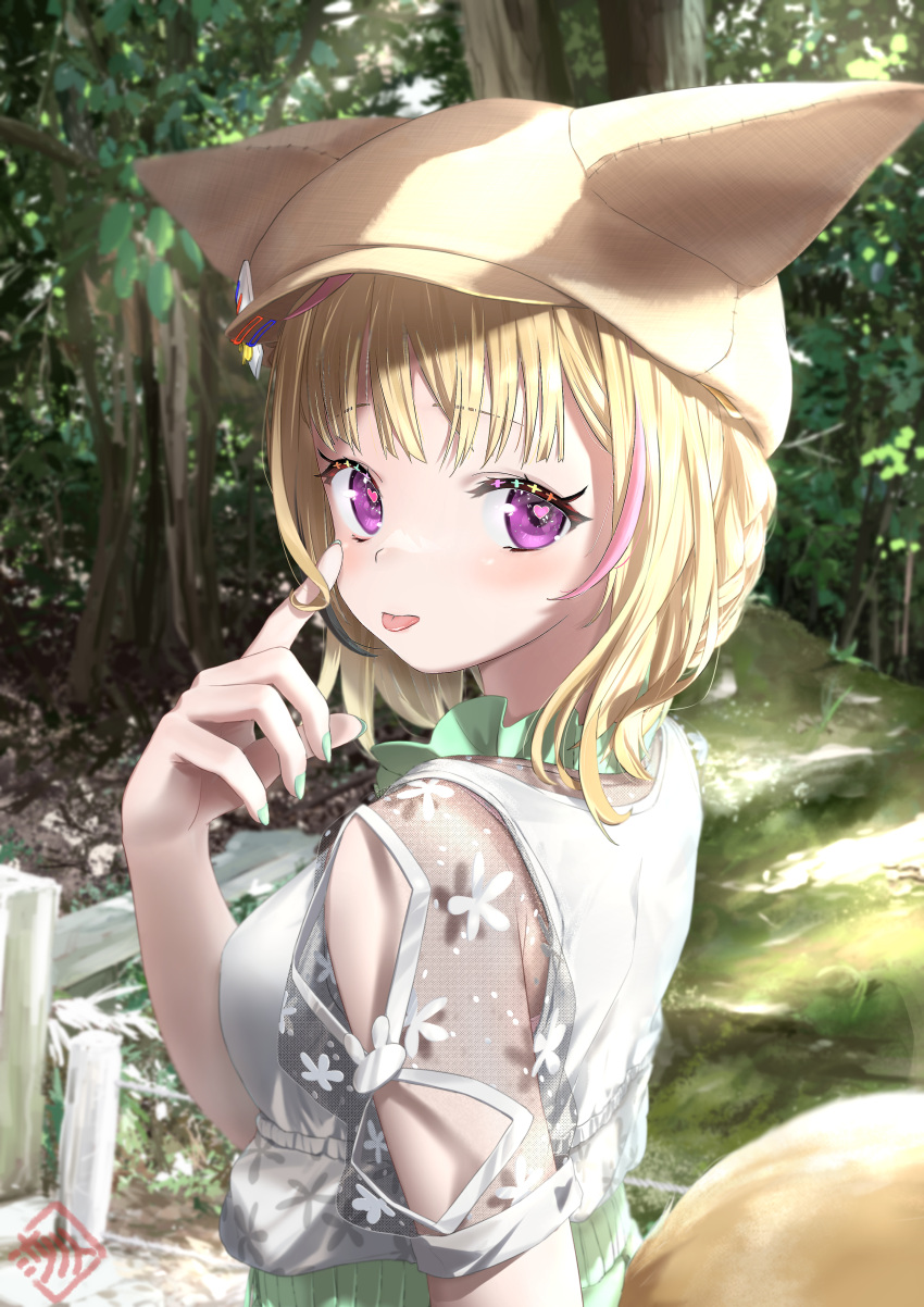 1girl absurdres blonde_hair blouse blunt_bangs braid breasts brown_headwear closed_mouth commentary_request day forest fox_girl fox_hat fox_tail french_braid from_side green_nails hand_up hat heart heart-shaped_pupils highres hololive looking_at_viewer looking_back medium_breasts medium_hair multicolored_hair nail_polish nature official_alternate_costume official_alternate_hairstyle omaru_polka omaru_polka_(3rd_costume) outdoors pink_hair purple_eyes see-through see-through_sleeves shirt short_sleeves sidelocks solo streaked_hair symbol-shaped_pupils tail tongue tongue_out upper_body virtual_youtuber watermark white_shirt yorishiro_tsuki