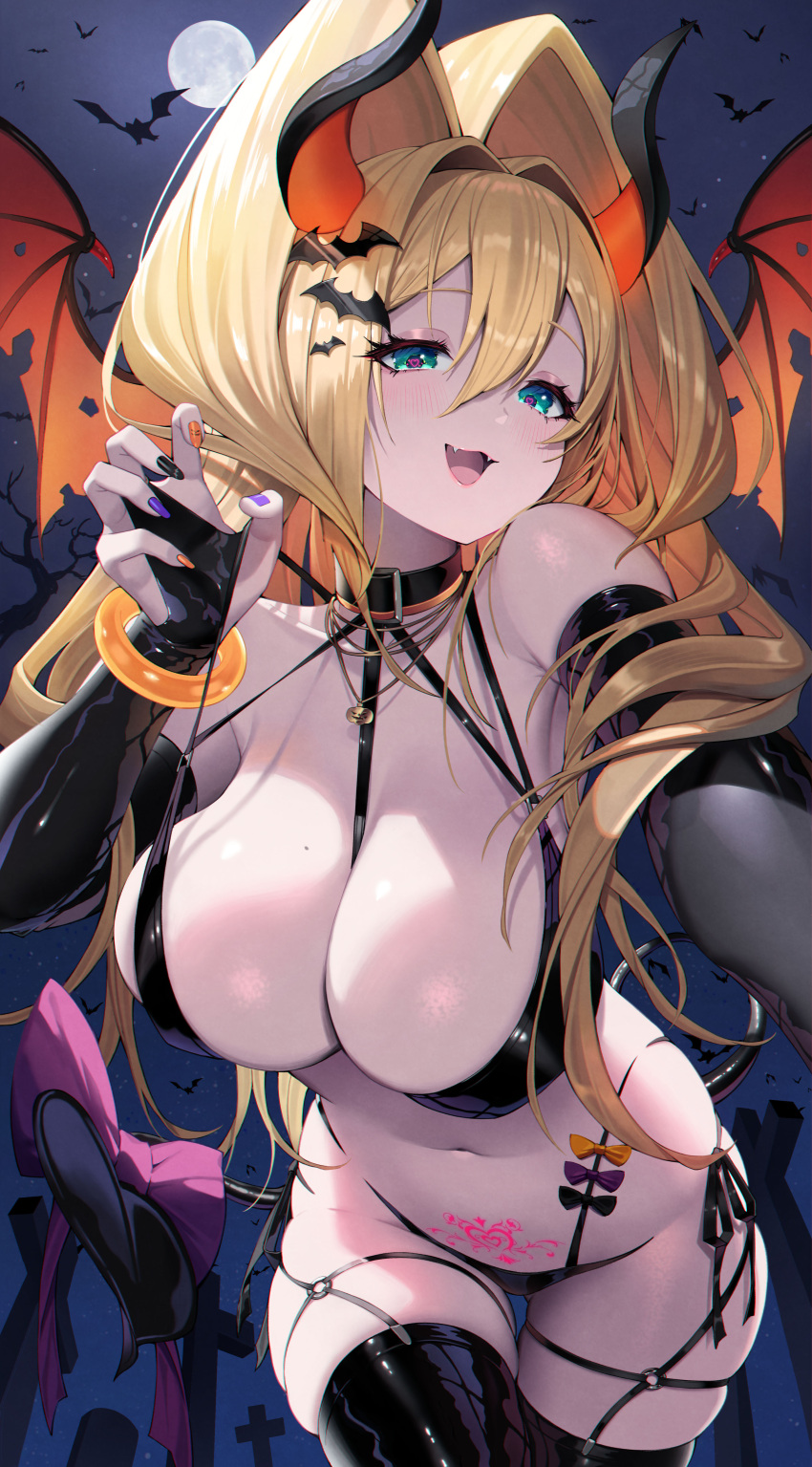 1girl absurdres alternate_costume aqua_eyes bat_(animal) bat_hair_ornament between_breasts black_bra black_nails black_panties black_thighhighs blonde_hair blush bow bra breasts bridal_gauntlets demon_wings fangs goddess_of_victory:_nikke hair_between_eyes hair_intakes hair_ornament halloween halloween_costume heart heart_in_eye highres horns large_breasts leaning_forward long_hair looking_at_viewer mole mole_on_breast moon multicolored_nails nail_polish navel night o-ring o-ring_thigh_strap open_mouth orange_nails outdoors panties pink_bow pubic_tattoo purple_nails revealing_clothes rupee_(nikke) side-tie_panties skindentation solo strap_between_breasts strap_lift symbol_in_eye tail tail_bow tail_ornament tasmanian_devil_tail tattoo thigh_strap thighhighs tombstone underwear wings yuri_(chocho_q)