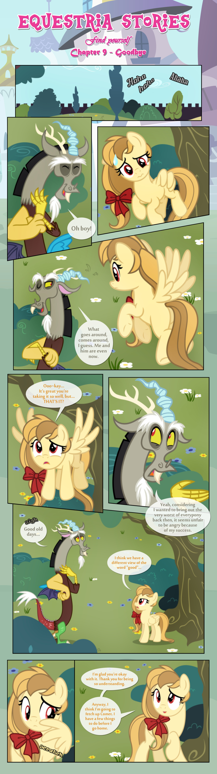 absurd_res accessory alice_goldenfeather_(estories) anthro black_border border bow_ribbon canterlot chimera crossed_arms dialogue discord_(mlp) draconequus duo ears_down ears_up english_text equid equine estories eyes_closed female feral flower flying folded_wings friendship_is_magic hair_accessory hair_bow hair_ribbon hasbro hi_res laugh male mammal my_little_pony no_cutiemark open_mouth outside pegasus pivoted_ears plant ribbons shrub spread_wings standing text winged_arms wings