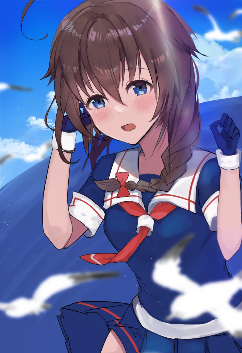 1girl ahoge bird black_gloves black_hair black_serafuku black_shirt black_skirt blue_eyes blue_sky braid cloud cowboy_shot day gloves hair_flaps hair_over_shoulder highres horizon kantai_collection long_hair neckerchief ocean outdoors pleated_skirt qqqmei red_neckerchief sailor_collar school_uniform seagull serafuku shigure_(kancolle) shigure_kai_ni_(kancolle) shirt single_braid skirt sky solo white_sailor_collar