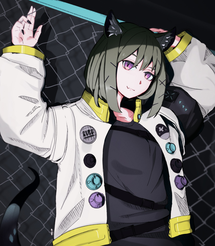 1girl absurdres animal_ear_fluff arknights black_nails dark_background hands_up highres jacket looking_at_viewer motimotinotie open_clothes open_jacket purple_eyes smile solo upper_body utage_(arknights) white_jacket