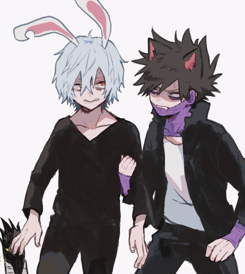 3boys ametaro_(ixxxzu) animal_ears black_hair black_jacket black_pants black_shirt blue_eyes boku_no_hero_academia burn_scar cat_boy cat_ears cheek_piercing dabi_(boku_no_hero_academia) grey_hair highres jacket kurogiri_(boku_no_hero_academia) male_focus multiple_boys multiple_scars pants rabbit_boy rabbit_ears red_eyes scar scar_on_face shigaraki_tomura shirt short_hair simple_background spiked_hair staple stapled sweat white_background white_shirt wrinkled_skin