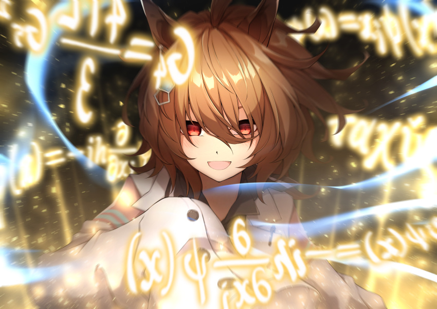 1girl absurdres agnes_tachyon_(umamusume) ahoge animal_ears black_shirt brown_hair chemical_structure hair_between_eyes highres horse_ears horse_girl labcoat looking_at_viewer math open_mouth red_eyes ruisuke shirt short_hair sleeves_past_fingers sleeves_past_wrists smile solo umamusume upper_body