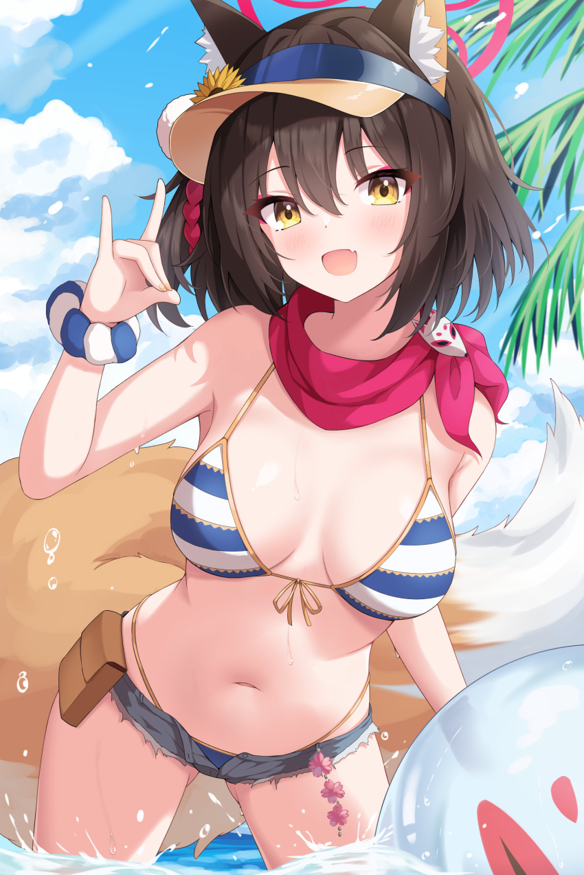 1girl animal_ears bikini bikini_under_clothes bikini_under_shorts blue_archive blue_bikini blue_sky blush breasts brown_hair cloud commentary denim denim_shorts english_commentary fang flower fox_ears fox_girl fox_shadow_puppet fox_tail front-tie_bikini_top front-tie_top gold_trim hair_between_eyes hair_flower hair_ornament halo hat hayana_neru highres izuna_(blue_archive) izuna_(swimsuit)_(blue_archive) looking_at_viewer medium_breasts micro_shorts nail_polish navel official_alternate_costume one_side_up open_fly open_mouth outdoors paid_reward_available peaked_cap pink_halo pink_scarf scarf short_hair shorts skin_fang sky solo striped striped_bikini swimsuit tail wading yellow_eyes yellow_nails