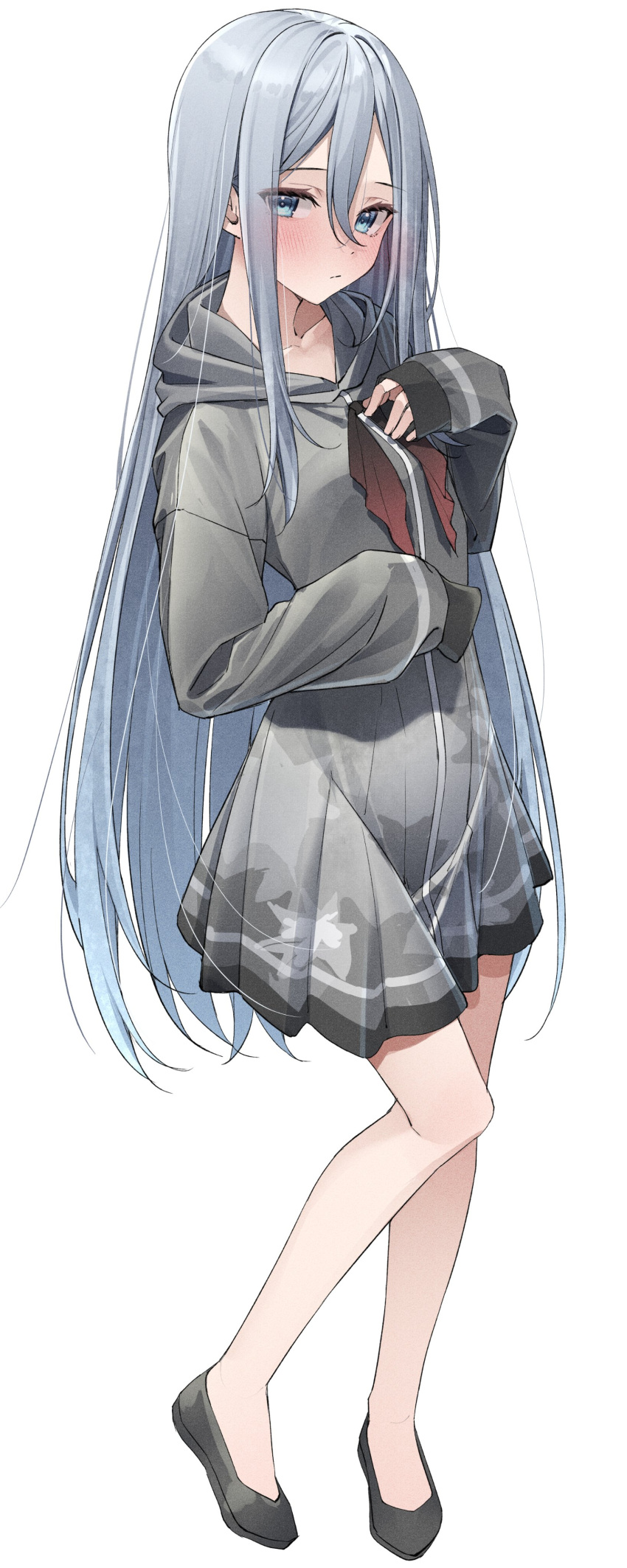 1girl absurdres black_footwear blue_eyes blush collarbone commentary dress expressionless full_body grey_dress grey_hair hair_between_eyes highres hood hood_down kawai_ritsu_(rits_meg) long_hair long_hoodie looking_at_viewer neckerchief pleated_dress project_sekai red_neckerchief sidelocks simple_background solo standing very_long_hair white_background yoisaki_kanade