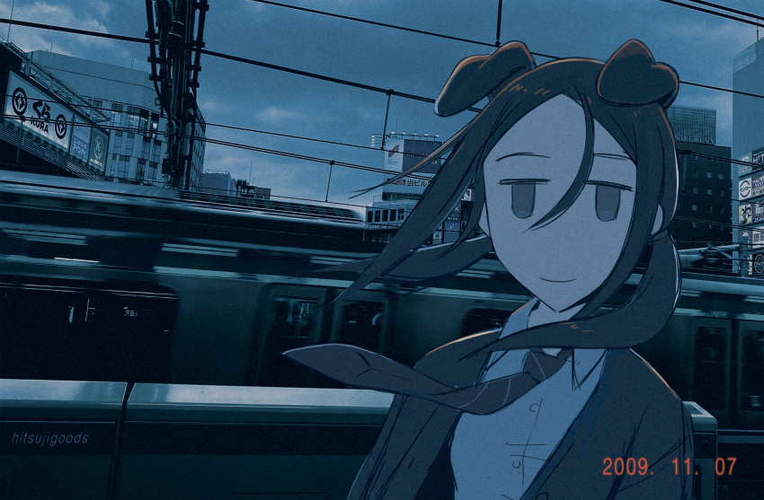 2000s 2023 animal_humanoid brown_hair canid canid_humanoid canine canine_humanoid dog_humanoid female hair hi_res hitsujigoods humanoid mammal mammal_humanoid mixed_media necktie photo_background photography_(artwork) short_twintails smile solo train vehicle vhs_doggy wind