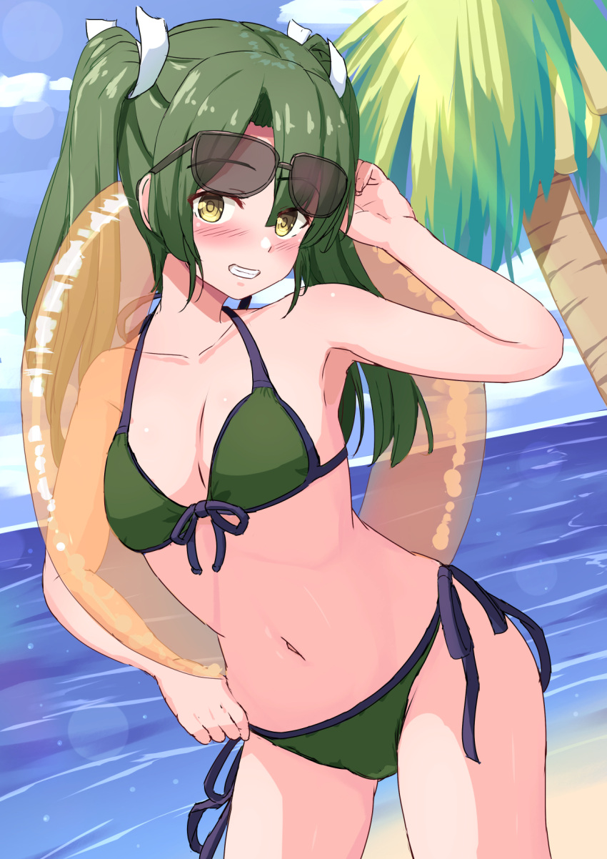 1girl alternate_costume beach bikini blue_sky breasts cloud cowboy_shot day front-tie_bikini_top front-tie_top green_bikini green_hair grin hair_ribbon highres horizon innertube kantai_collection long_hair ocean outdoors palm_tree ribbon side-tie_bikini_bottom sky small_breasts smile solo swimsuit tree tsukimoto_reiji yellow_eyes zuikaku_(kancolle)