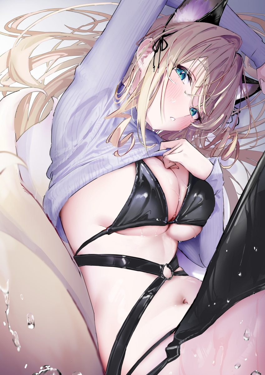 1girl absurdres animal_ear_fluff animal_ears aqua_eyes bikini black_bikini black_thighhighs blonde_hair blush breasts cat_ears cleavage clothes_lift commission fake_animal_ears garter_straps grey_sweater gyoku_seisyoku hair_intakes highres large_breasts lifted_by_self long_hair looking_at_viewer lying navel o-ring on_side original parted_lips skeb_commission solo sweater sweater_lift swimsuit thighhighs very_long_hair