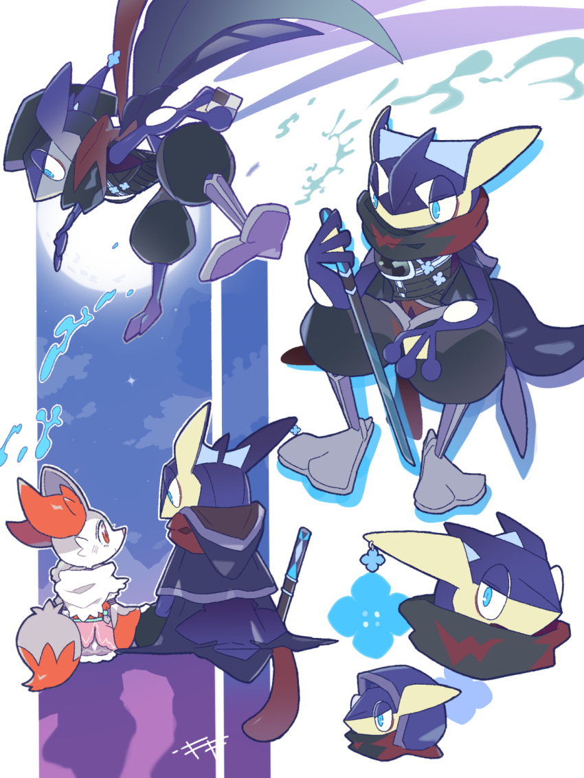 1boy 1girl alternate_color alternate_shiny_pokemon animal_ear_fluff animal_ears animal_hands animal_nose artist_name between_fingers black_pants black_shirt blue_cape blue_eyes blue_flower blue_skin blush body_fur braixen cape closed_mouth clothed_pokemon colored_skin commentary_request covered_mouth dress drop_shadow earrings eye_contact fins flower flower_earrings fox_ears fox_girl fox_tail frog_boy from_behind from_side full_body full_moon furry furry_female furry_male greninja grey_footwear grey_fur half-closed_eyes hand_on_another's_thigh hand_up happy head_fins highres holding holding_sword holding_weapon hood hood_down hood_up hooded_cape invisible_chair jewelry jumping katana kiki_(431642) light_blush long_sleeves long_tongue looking_at_another looking_at_viewer moon multicolored_skin multiple_views muneate night ninja open_mouth outdoors outline pants partial_commentary pink_dress pokemon pokemon_(creature) profile puffy_pants raglan_sleeves red_eyes red_scarf scarf sheath sheathed shirt signature single_earring sitting sleeveless sleeveless_shirt smile snout sword tail tongue tongue_out two-tone_fur two-tone_skin water weapon webbed_hands white_fur white_outline white_scarf wide_sleeves yellow_skin