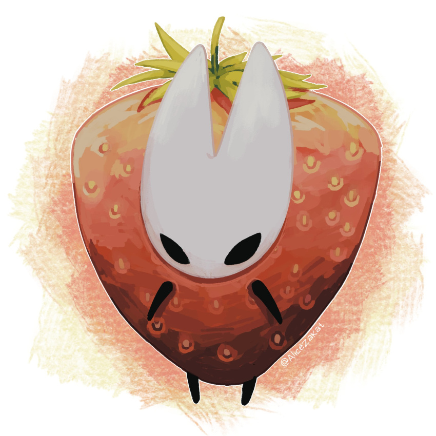 1girl alicezakat alternate_costume arthropod_girl artist_name black_eyes black_skin blank_eyes colored_skin commentary english_commentary food fruit full_body highres hollow_knight hornet_(hollow_knight) red_background simple_background solo standing strawberry strawberry_costume twitter_username watermark white_background