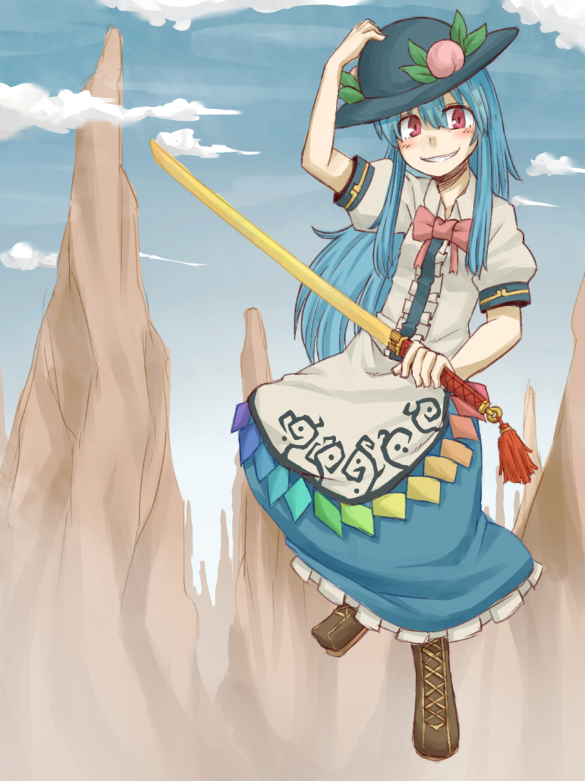 1girl apron black_headwear blue_hair blue_skirt blue_sky blush boots bow bowtie brown_footwear center_frills cloud collared_shirt commentary_request cross-laced_footwear day flat_chest frilled_skirt frills full_body grin hair_between_eyes hand_on_headwear hat highres hinanawi_tenshi holding holding_sword holding_weapon kuri_dora leaf_hat_ornament long_bangs long_hair looking_at_viewer mountain outdoors peach_hat_ornament pink_bow pink_bowtie puffy_short_sleeves puffy_sleeves rainbow_gradient red_eyes shirt short_sleeves skirt sky smile solo sword sword_of_hisou touhou waist_apron weapon white_apron white_shirt