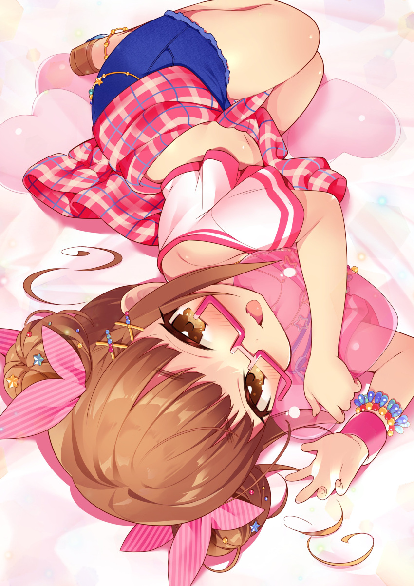 1girl abstract_background absurdres anklet balloon bare_shoulders bead_bracelet beads blunt_bangs blush bow bracelet brown_eyes brown_hair clothes_around_waist crop_top cropped_shirt denim denim_shorts dot_nose double_bun fang glasses hair_bow hair_bun hair_ornament hair_ribbon hairclip heart highres idolmaster idolmaster_cinderella_girls idolmaster_cinderella_girls_starlight_stage ikebukuro_akiha jacket jewelry long_hair looking_at_viewer lying midriff msp_sammy navel necklace object_hug on_side open_mouth pink-framed_eyewear pink_background pink_ribbon pink_wristband plaid plaid_jacket red_jacket ribbon sandals see-through semi-rimless_eyewear shirt short_sleeves shorts skin_fang smile solo star_(symbol) star_hair_ornament star_necklace twintails under-rim_eyewear white_shirt x_hair_ornament