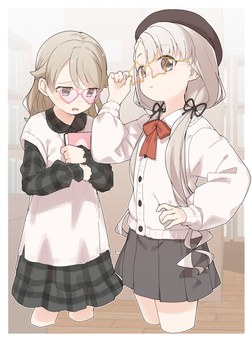 2girls absurdres black_ribbon book bow brown_eyes brown_hair cardigan closed_mouth dress glasses grey_hair hair_ribbon highres hisakawa_nagi holding holding_book holding_eyewear idolmaster idolmaster_cinderella_girls idolmaster_cinderella_girls_starlight_stage layered_sleeves long_hair long_sleeves looking_at_viewer looking_down low_twintails morikubo_nono multiple_girls open_mouth pleated_skirt red_ribbon ribbon short_hair skirt twintails yukie_(kusaka_shi)