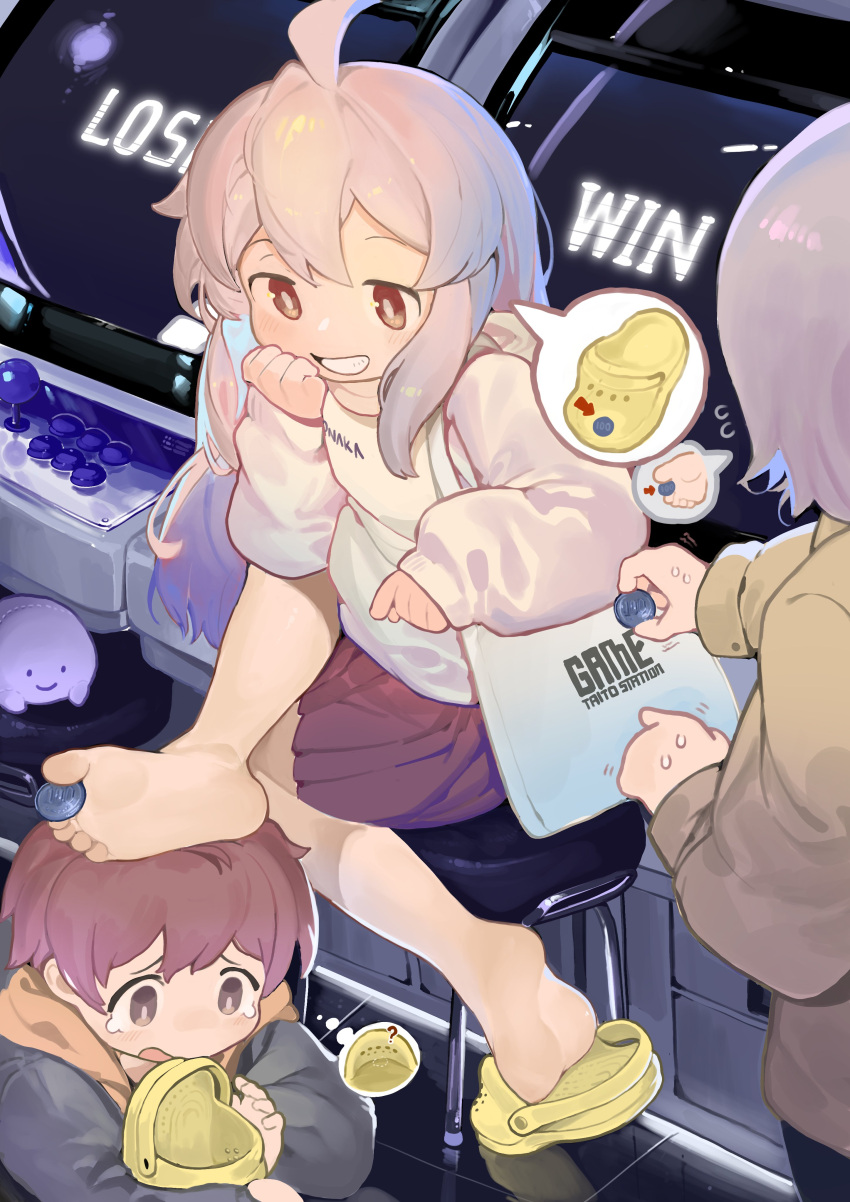 absurdres ahoge arcade bag barefoot between_toes brown_eyes cardigan character_request coin crocs foot_on_head gender_request grin highres long_hair long_sleeves menthako miniskirt no_socks onii-chan_wa_oshimai! oyama_mahiro pink_hair pink_skirt pleated_skirt puffy_long_sleeves puffy_sleeves shirt shoulder_bag single_barefoot sitting skirt smile soles speech_bubble teeth thought_bubble white_cardigan white_shirt