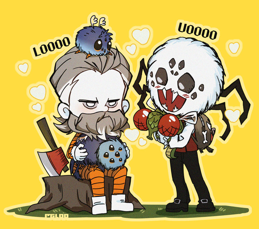 2boys animal_bag animal_hug animal_on_head animal_on_lap ankle_boots axe backpack bag beard black_footwear black_pants bone boots bug chibi colored_sclera don't_starve facial_hair glommer_(don't_starve) grey_eyes grey_hair grey_sclera hair_slicked_back happy heart jitome lucy_(don't_starve) male_focus multicolored_hair multiple_boys official_alternate_hair_color on_head on_lap open_mouth orange_pants orange_shirt pants pgloooooo shirt shoes sitting standing streaked_hair tree_stump webber_(don't_starve) white_eyes white_footwear white_hair woodie_(don't_starve) yellow_background