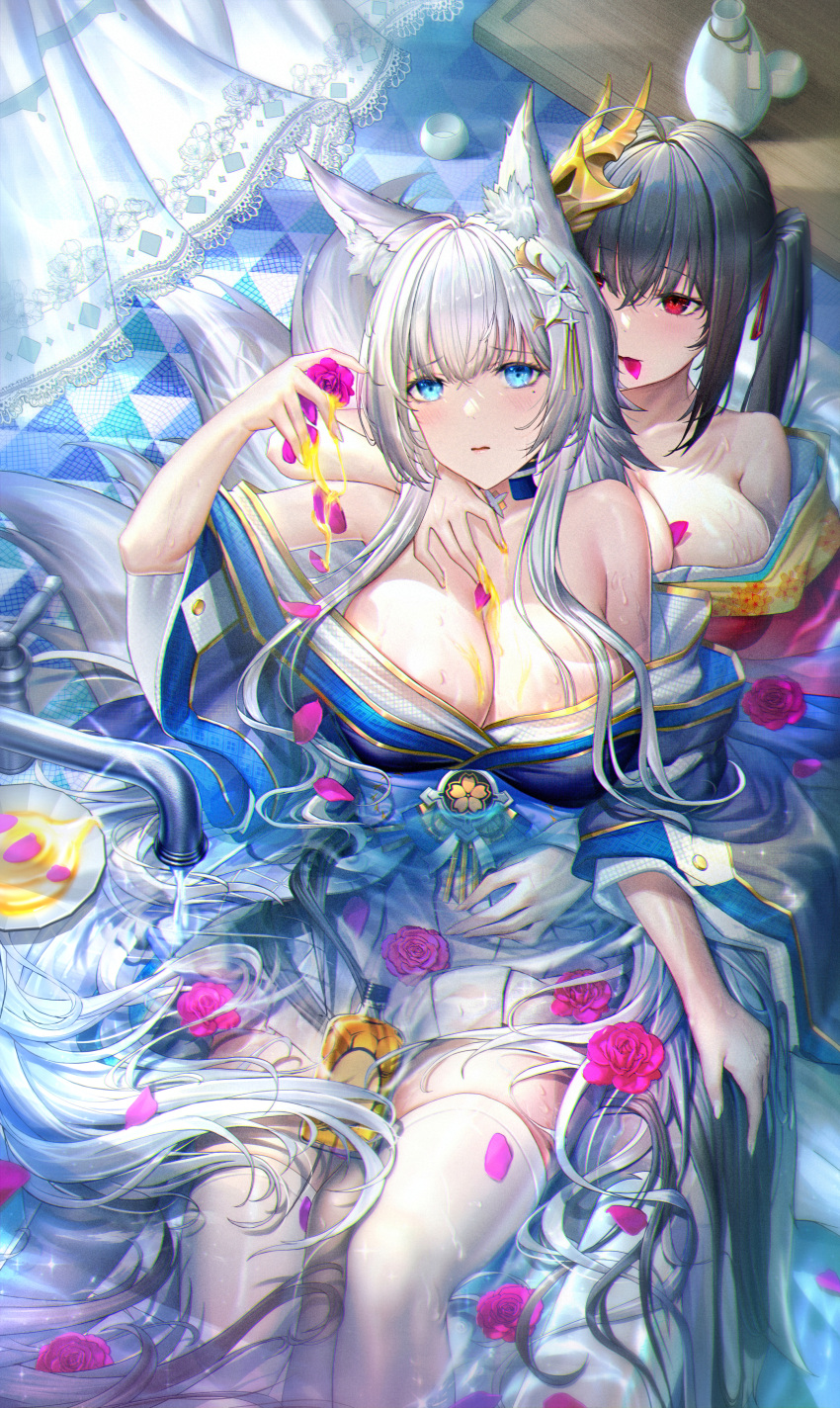 2girls absurdres ahoge animal_ear_fluff animal_ears azur_lane black_hair blue_eyes blue_kimono breasts cleavage for-miku fox_ears fox_tail hair_between_eyes hair_ornament highres huge_breasts japanese_clothes kimono large_breasts long_hair mask mask_on_head multiple_girls multiple_tails partially_submerged print_kimono red_eyes red_kimono shinano_(azur_lane) taihou_(azur_lane) tail