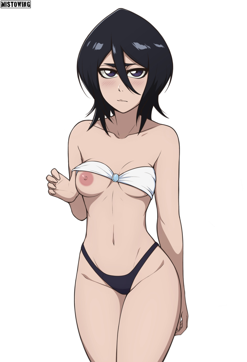 1girl absurdres bikini bikini_top_lift black_hair bleach blue_eyes blush breasts closed_mouth clothes_lift collarbone highres kuchiki_rukia lifted_by_self looking_at_viewer medium_breasts mistowing navel nipples one_breast_out short_hair simple_background solo standing swimsuit white_background