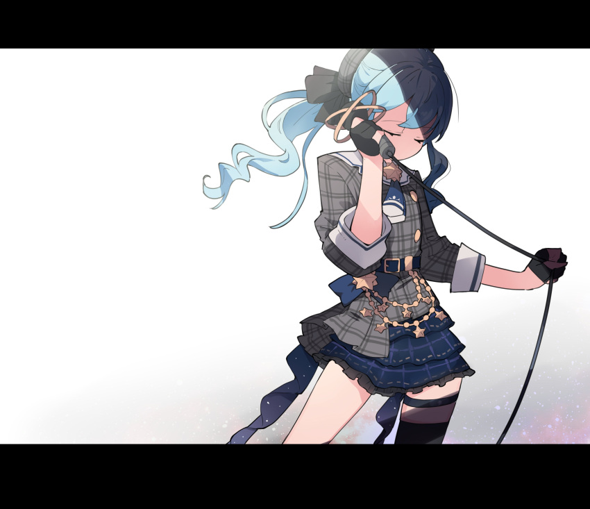 1girl absurdres black-framed_eyewear black_thighhighs closed_eyes dress gloves hat highres holding holding_microphone hololive hoshimachi_suisei letterboxed long_hair microphone partially_fingerless_gloves ponytail shimazaki1152 side_ponytail simple_background single_thighhigh solo star_(symbol) thighhighs virtual_youtuber