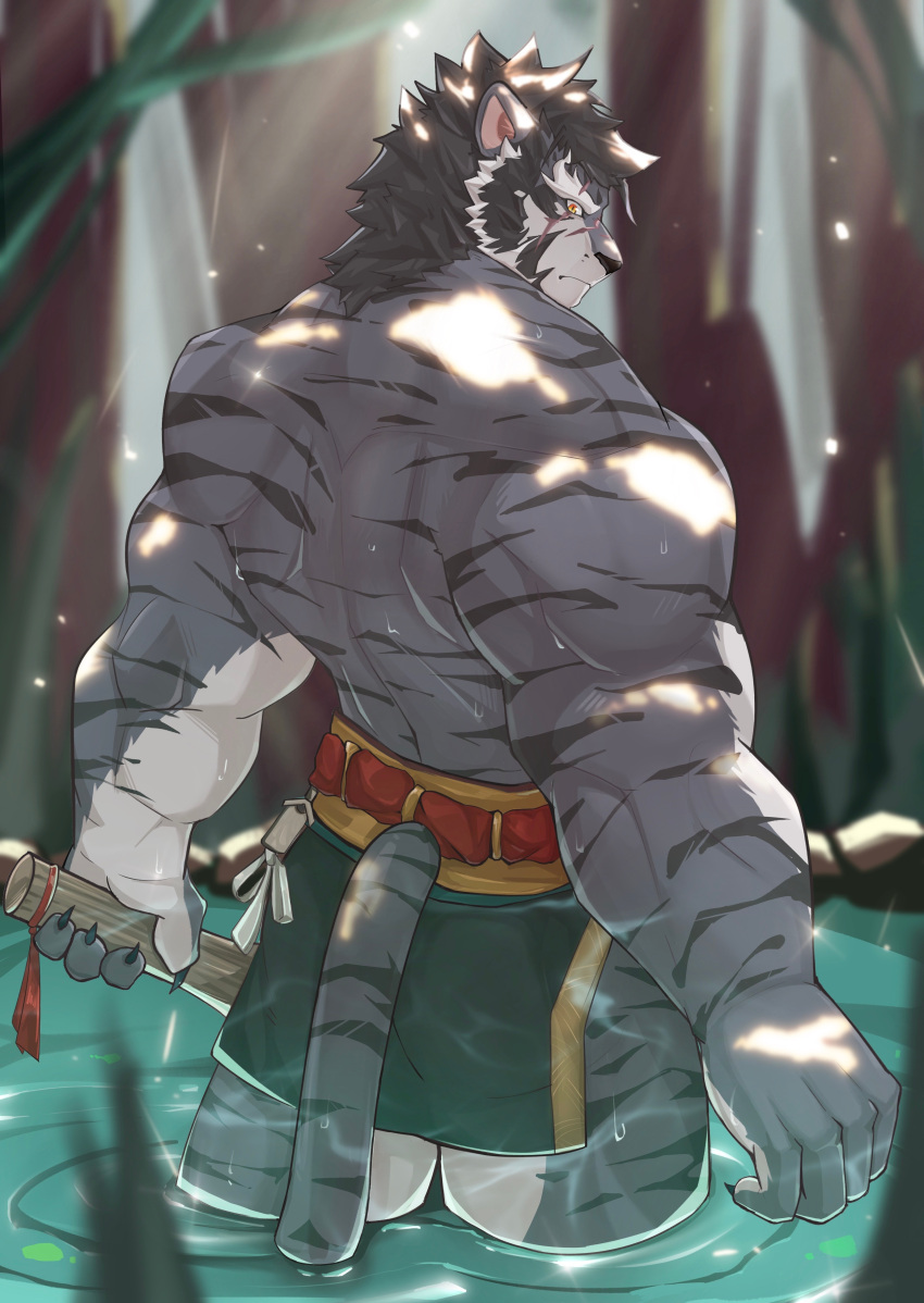 1boy absurdres animal_ears artist_request bara feet_out_of_frame forest from_behind furry furry_male grey_fur highres holding holding_weapon lake looking_at_viewer looking_back male_focus mature_male muscular muscular_male nature sanpaku sdorica solo thick_eyebrows thick_thighs thighs tiger_boy tiger_ears topless_male tree_shade wading weapon yao_(sdorica)