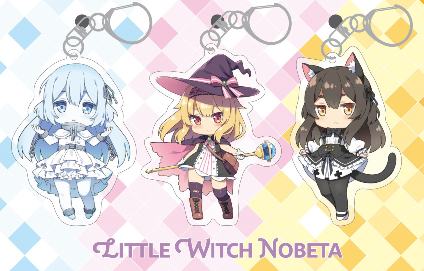 3girls animal_ears artist_request black_hair blonde_hair blue_eyes blue_hair chibi closed_mouth commentary copyright_name english_commentary english_text gloves highres keychain kuroneko_(little_witch_nobeta) little_witch_nobeta logo long_hair looking_at_viewer multiple_girls nobeta nonota_(little_witch_nobeta) official_art open_mouth second-party_source standing tail weapon