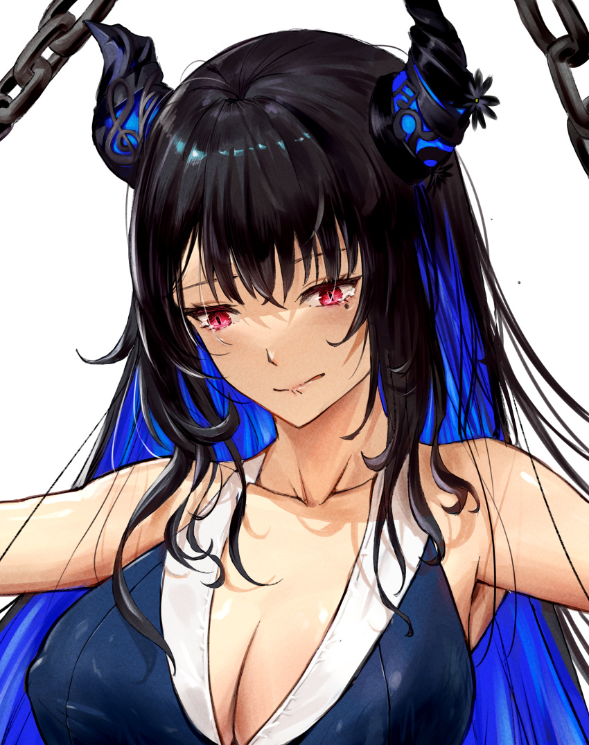 1girl absurdres asayu_(user_dvzr3584) bare_shoulders bikini biting black_bikini black_hair blue_hair breasts chain cleavage collarbone colored_inner_hair highres hololive hololive_english horns large_breasts lip_biting long_hair looking_down mole mole_under_eye multicolored_hair nerissa_ravencroft outstretched_arms parted_lips red_eyes simple_background slit_pupils solo spread_arms swimsuit tearing_up tears two-tone_hair upper_body very_long_hair virtual_youtuber white_background
