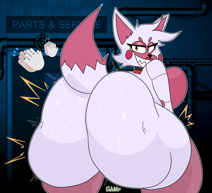 animatronic anthro ass_clapping big_breasts big_butt breasts butt butt_focus canid canine clapping emoji female five_nights_at_freddy's fox funtime_foxy_(fnafsl) hi_res huge_butt looking_back machine mammal robot scottgames side_boob sister_location smile solo sprigatitoartz tail twerking white_body yellow_eyes