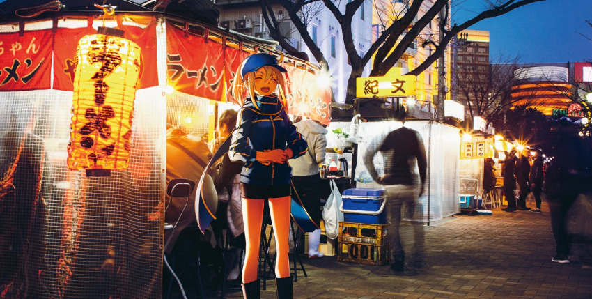 1girl artoria_pendragon_(fate) baseball_cap blonde_hair blue_jacket blue_scarf bunbun closed_eyes fate/grand_order fate_(series) food_stand fukuoka_prefecture hands_on_own_stomach hat highres jacket lantern long_hair mysterious_heroine_x_(fate) official_art open_mouth outdoors paper_lantern photo_background ponytail scarf shorts sky smile standing track_jacket tree