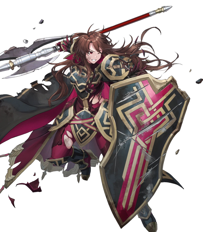 1girl alternate_costume arm_guards armor armored_boots armored_dress boots breastplate brown_eyes brown_hair cape dai-xt faulds feather_trim fingerless_gloves fire_emblem fire_emblem:_mystery_of_the_emblem fire_emblem_heroes gloves gold_trim high_heels highres leggings long_hair long_sleeves non-web_source official_alternate_costume official_art sheena_(fire_emblem) shoulder_armor solo standing transparent_background turtleneck